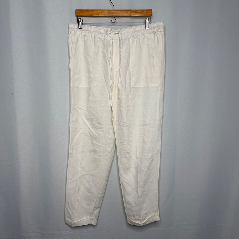 Lord & Taylor Womens White 100% Linen Drawstring Elastic Waist Pants Size Large
